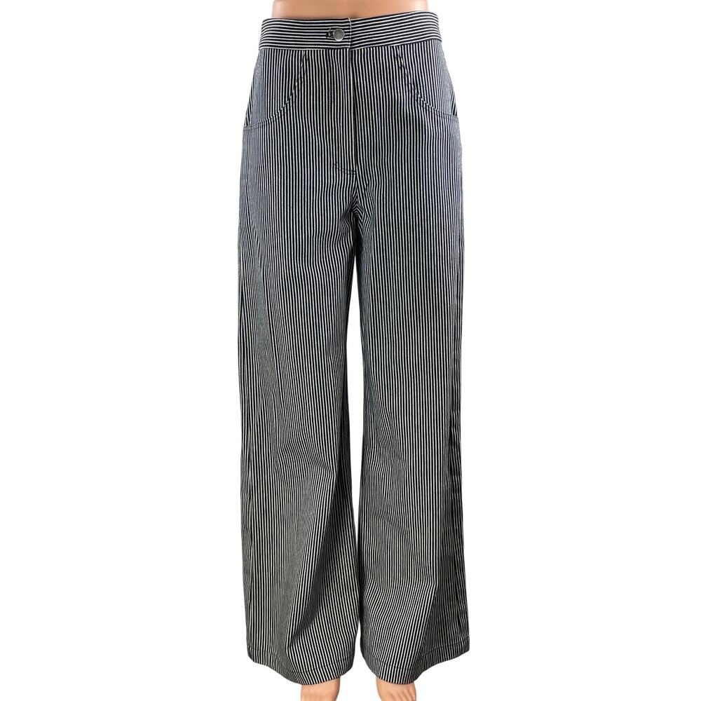 Meg Women's Navy Blue Striped High Waisted Wide Leg Baggy Trousers Pants Size XS